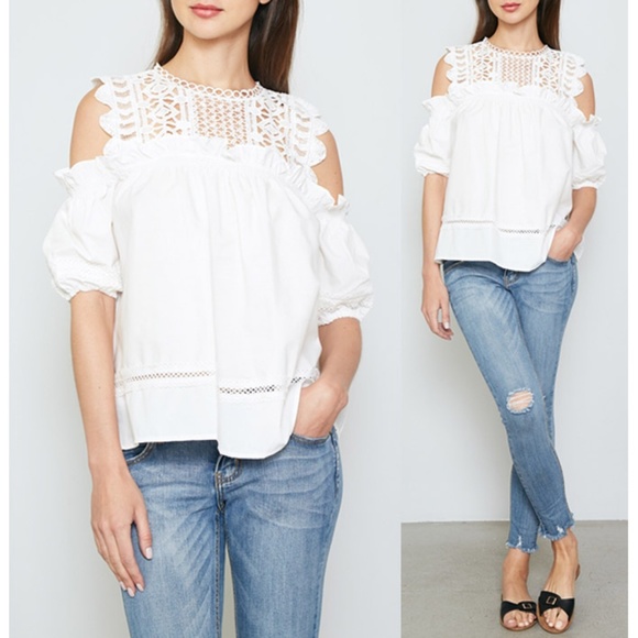 La Diosa Tops - Last☝️ White Crochet Ruffle Cold Shoulder Blouse
